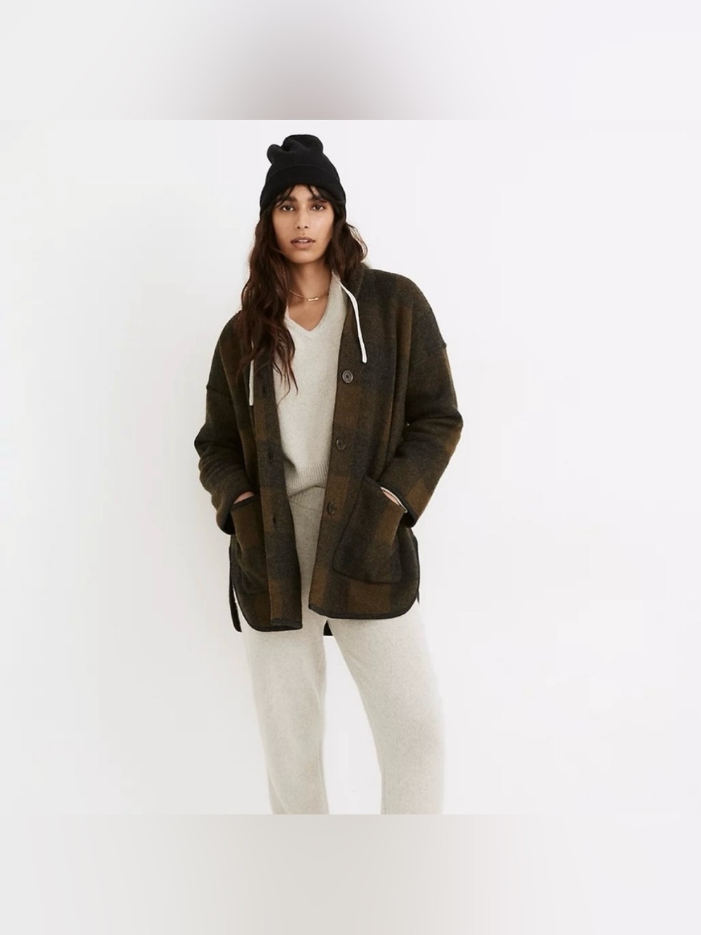 Madewell Olive & Black Checked Knit Cardigan 100% wool